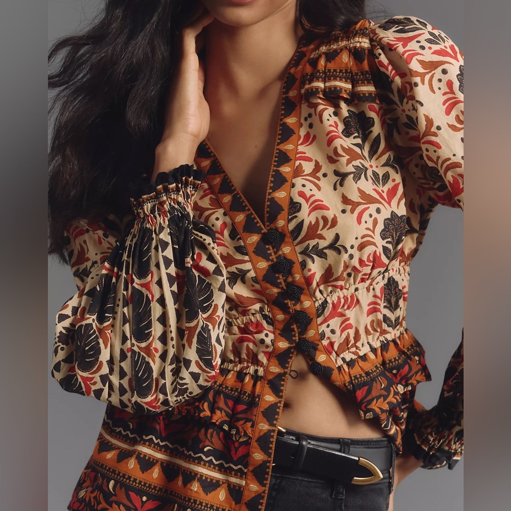Anthropologie Farm Rio Long-Sleeve V-Neck Printed Blouse Small NWT - Picture 6 of 7